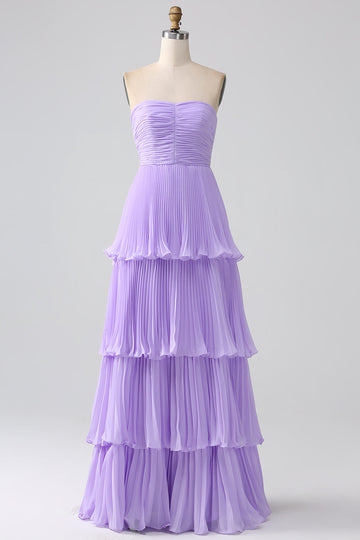 A-Line Sweetheart Lilac Tiered Chiffon Long Brudepige Kjole med plisseret
